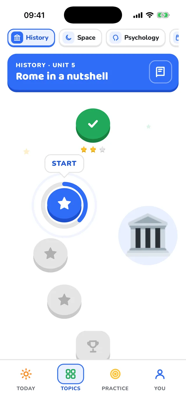 The Topics path for History, with stars under finished stops
